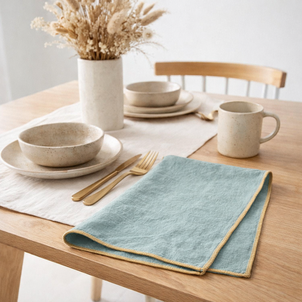 Serviette de table recyclée Grace Aqua 40 x 40 en situation