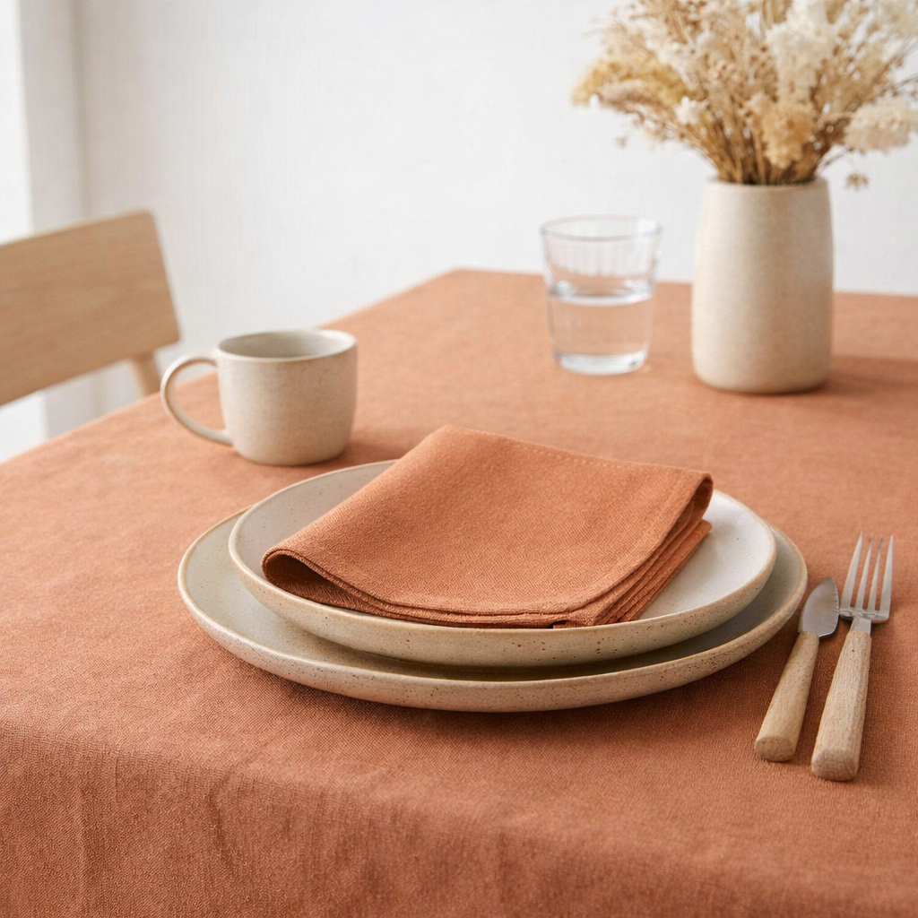 Serviette de table recyclée Yuna Terracotta 50 x 50 en situation