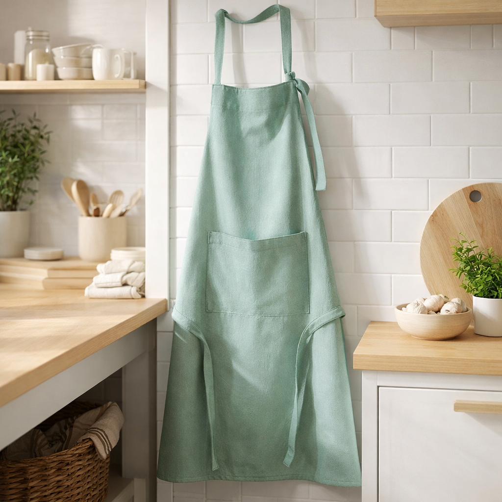 Tablier de cuisine recyclé Ada Aqua 72 x 85 en situation