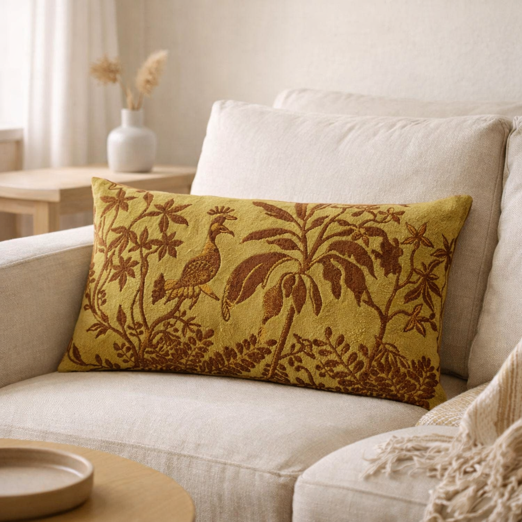 Coussin brodé Raki Or 30 x 50 en situation