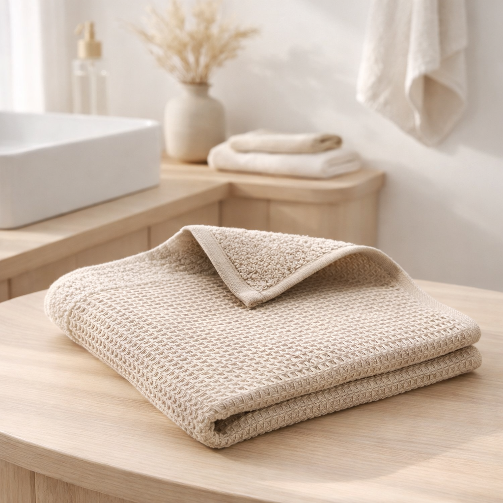 Drap de douche recyclé Abby Naturel 70 x 130 en situation