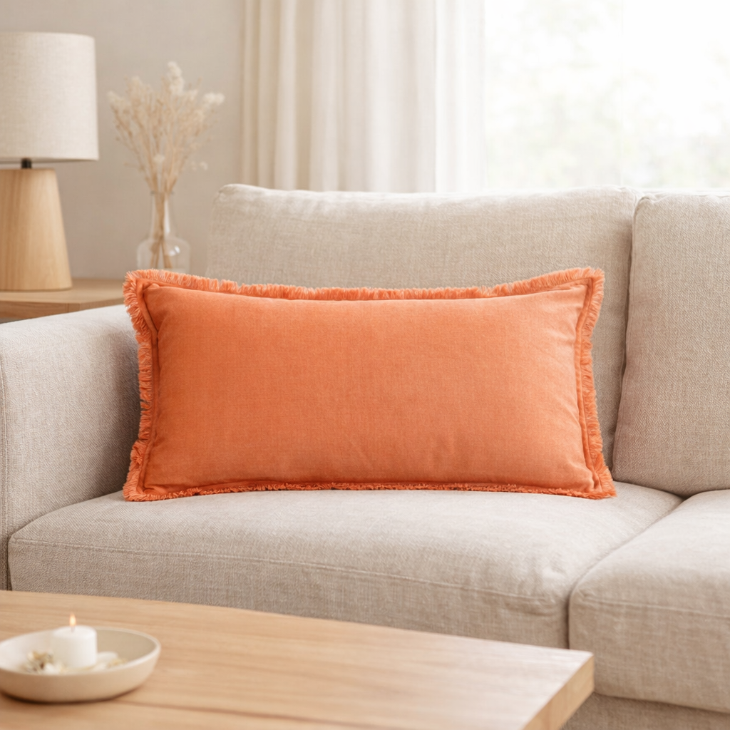 Coussin uni Fara Goyave 30 x 50 en situation