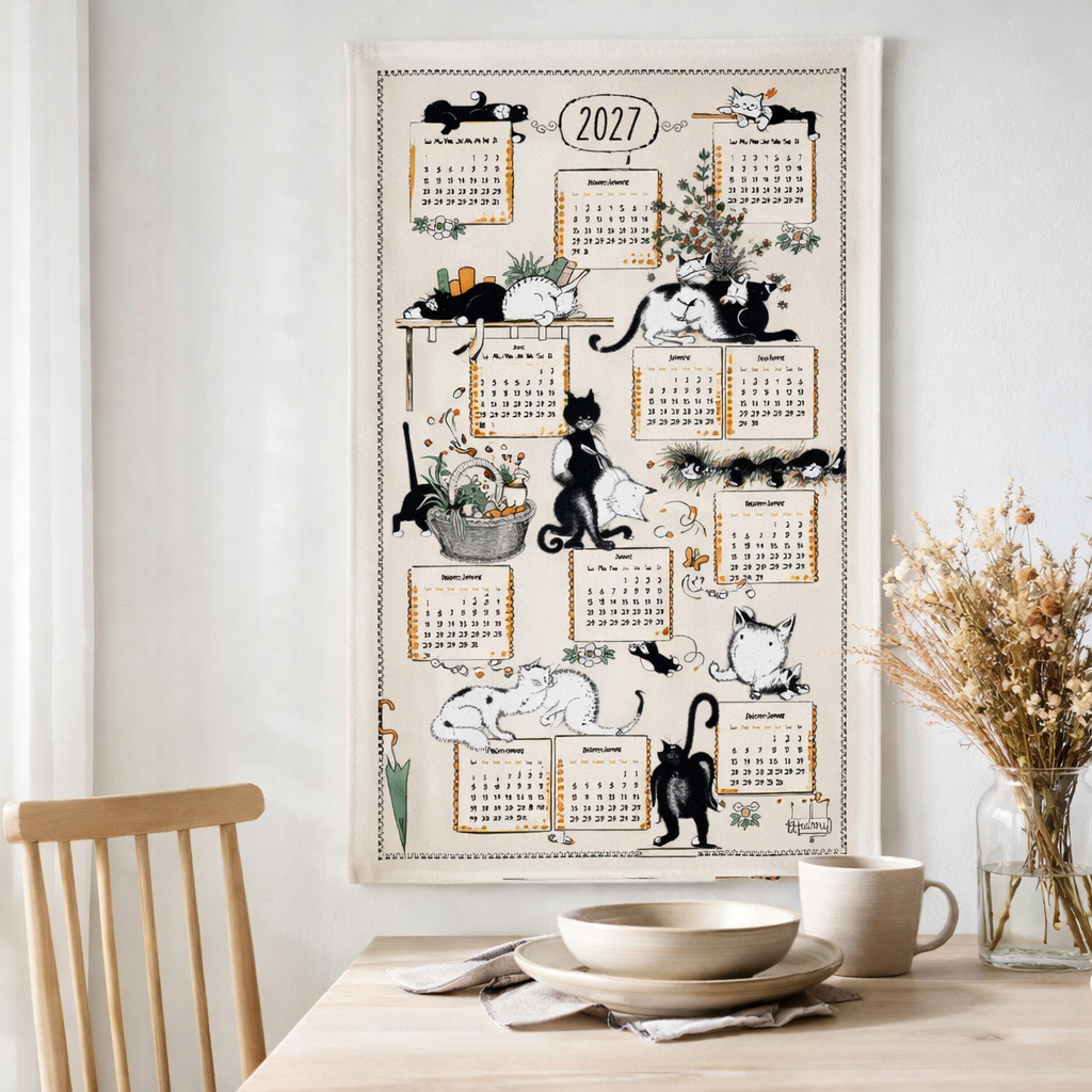 Torchon Dubout Ribambelle chats calendrier 2027 Ecru 48 x 72 en situation