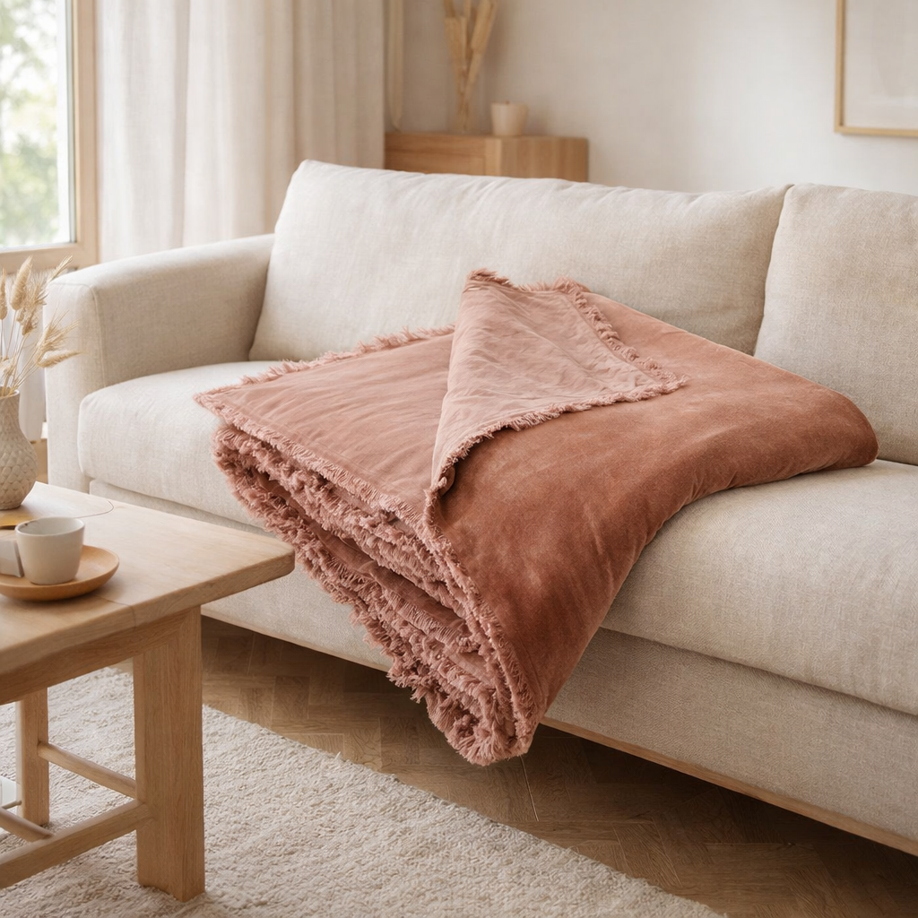 Édredon uni Fara Bois de rose 85 x 200 en situation