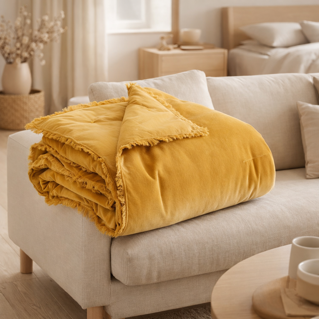Plaid uni Fara Mirabelle 135 x 200 en situation