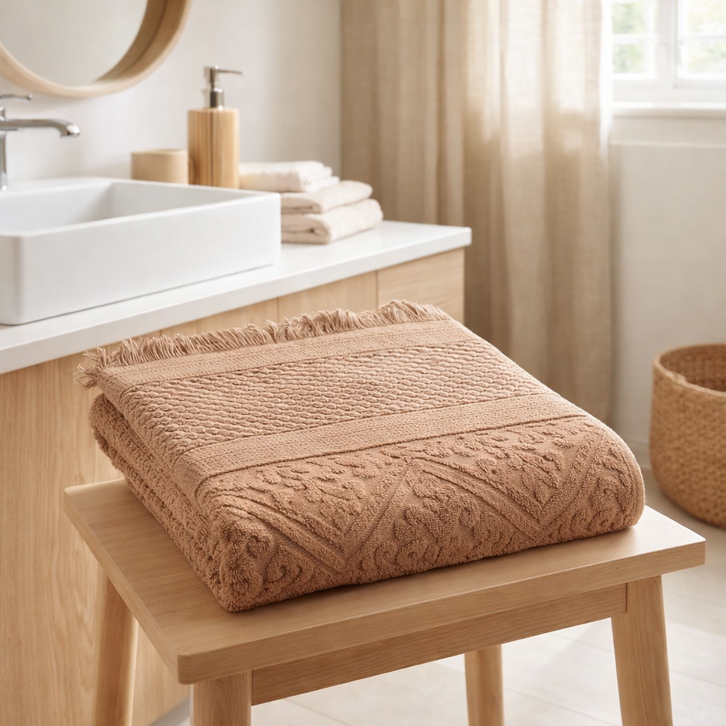 Serviette de toilette Zoé Noisette 50 x 100 en situation