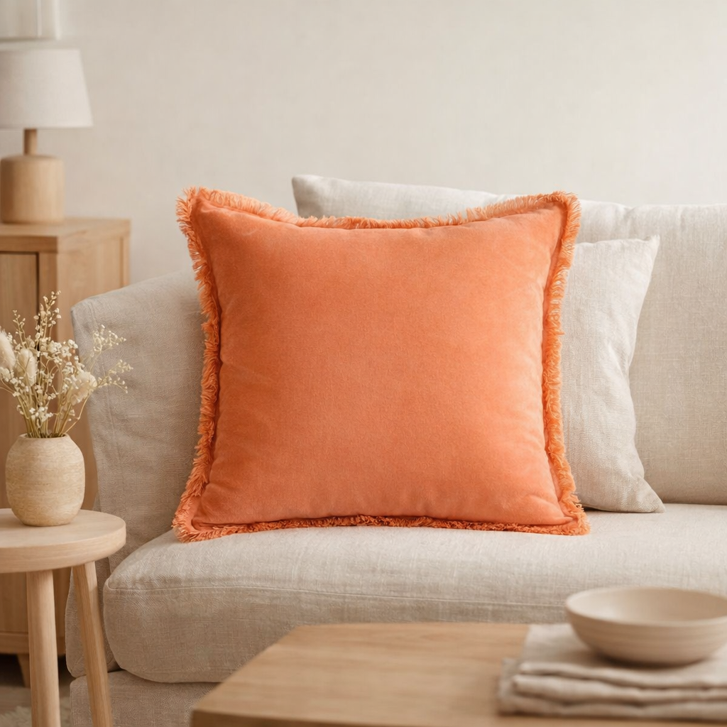 Coussin uni Fara Goyave 45 x 45 en situation