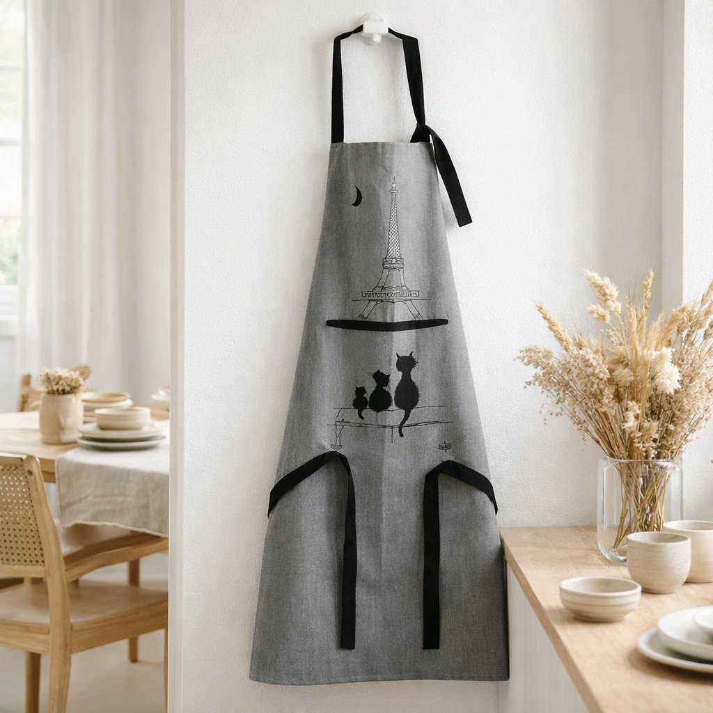 Tablier de cuisine Dubout Chats Eiffel Gris 72 x 85 en situation