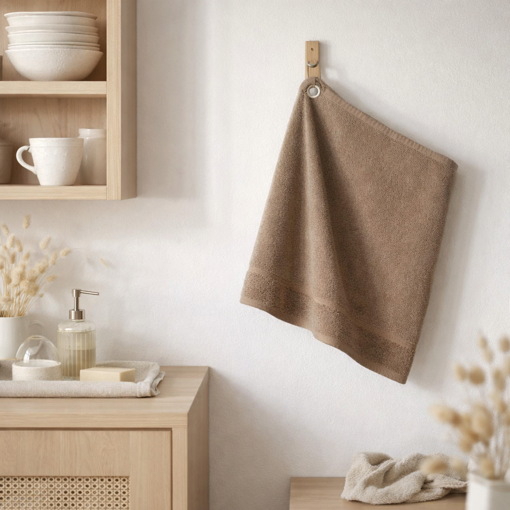 Essuie-mains oeillet Curl Tabac 50 x 50 en situation