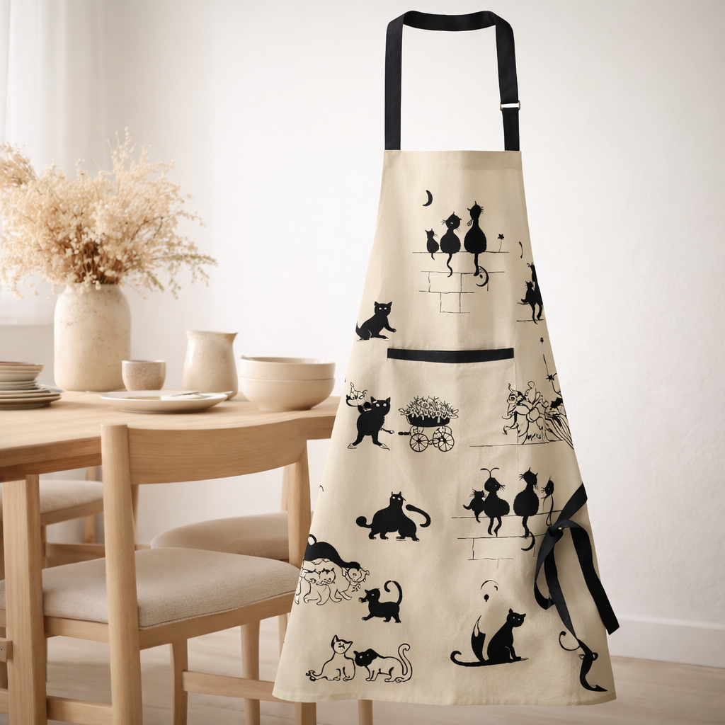 Tablier de cuisine imprimé Dubout 3 chats Beige 72 x 85 en situation