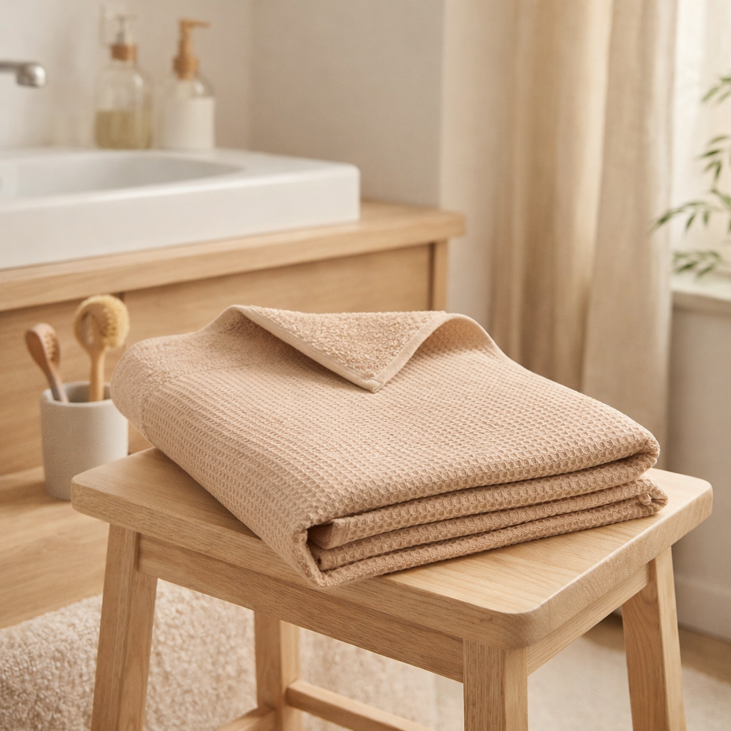 Drap de douche recyclé Abby Dragée 70 x 130 en situation