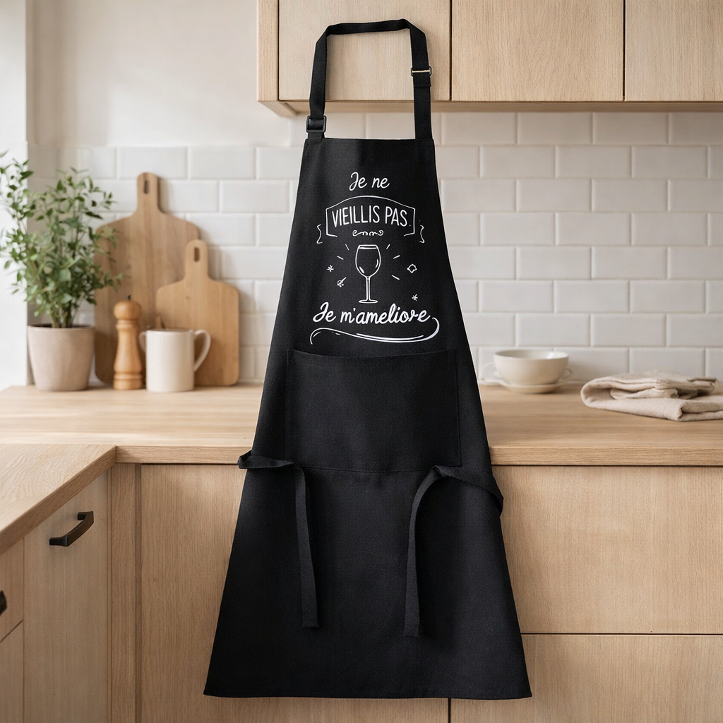 Tablier de cuisine Je m'améliore recyclé Noir 72 x 90 en situation