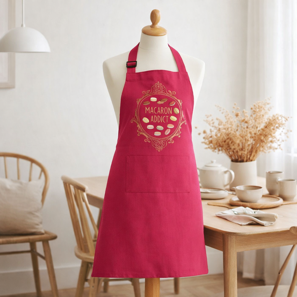 Tablier de cuisine Macarons Addict recyclé Rose 72 x 90 en situation