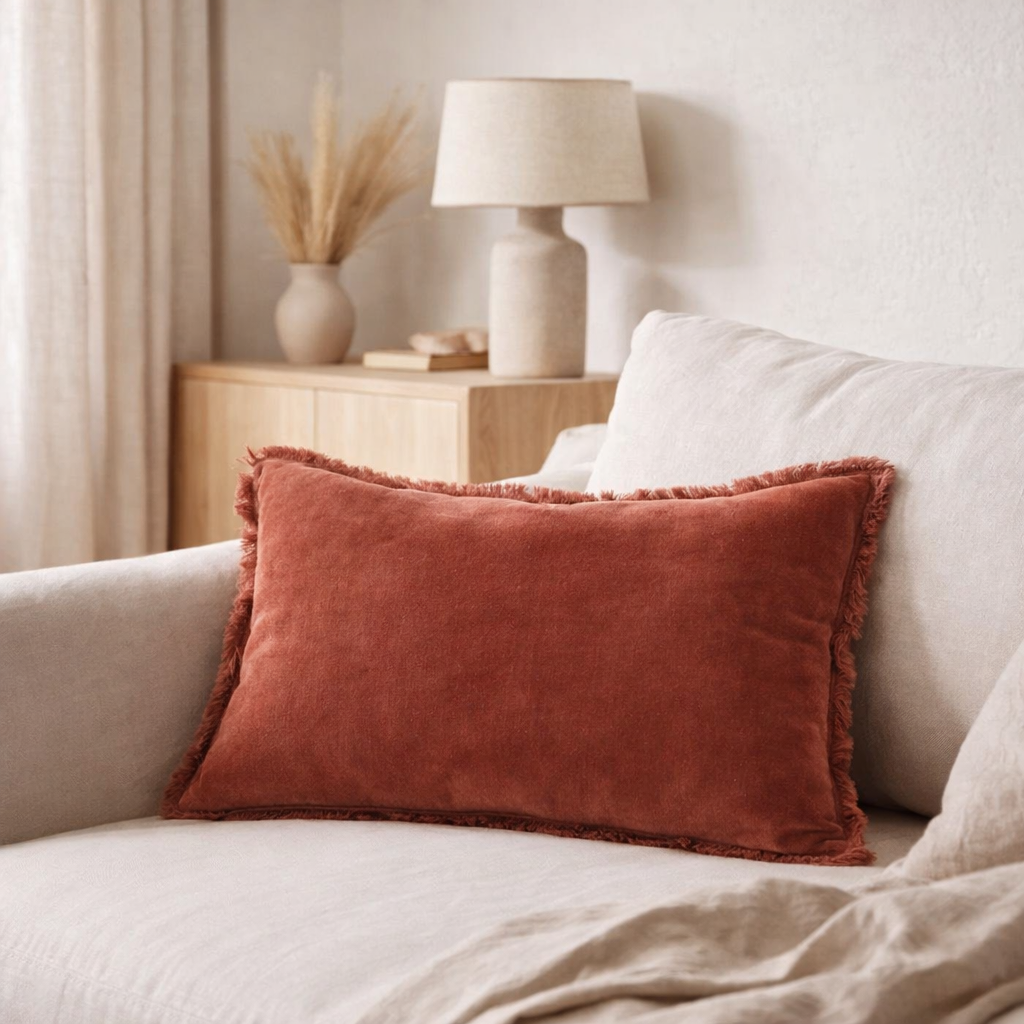 Coussin uni Fara Sienne 30 x 50 en situation