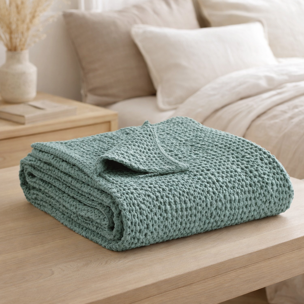 Jeté stonewashed Tana Vert de gris 180 x 260 en situation