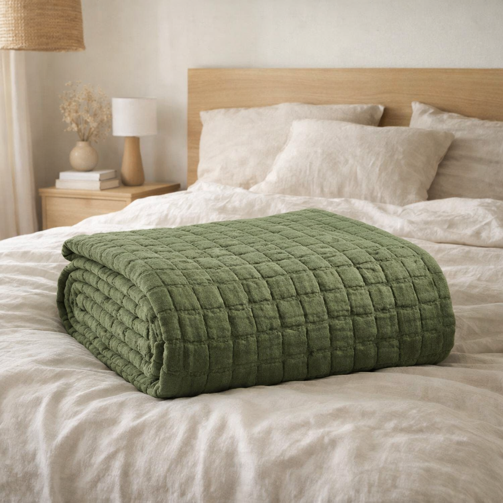 Couvre-lit stonewashed Swami Olive 180 x 260 en situation