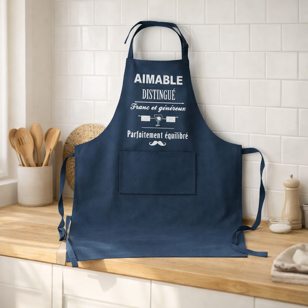 Tablier de cuisine Aimable et distingué recyclé Indigo 72 x 90 en situation