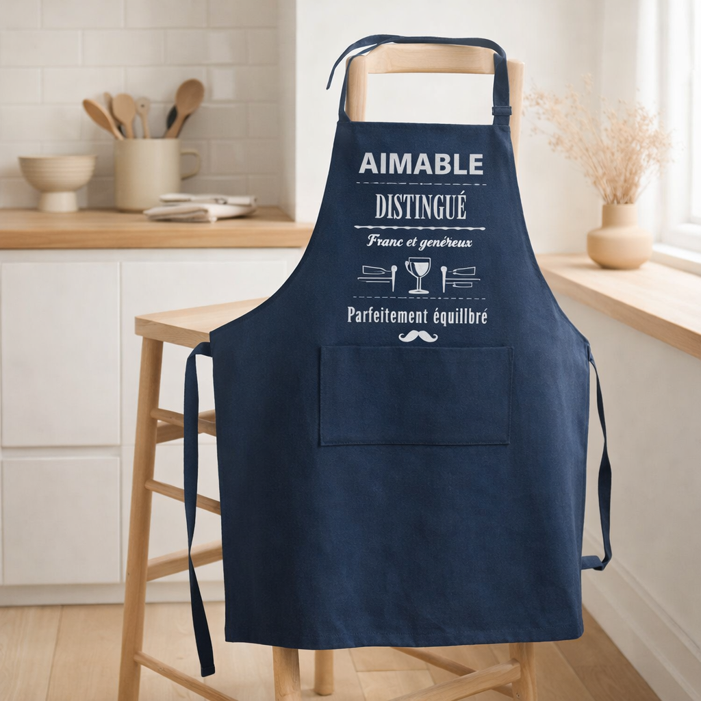 Tablier de cuisine Aimable et distingué recyclé Indigo 72 x 90 en situation