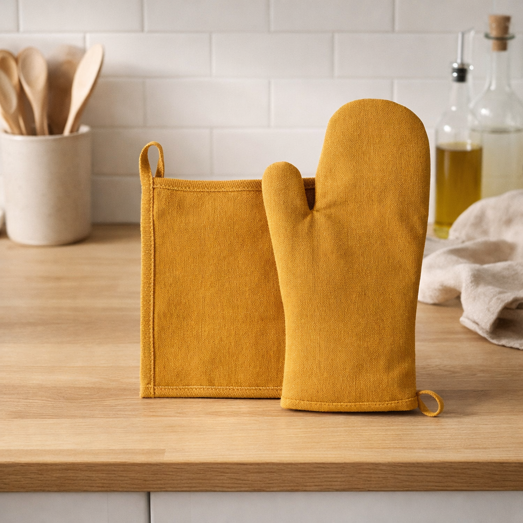 Lot gant de cuisine et manique recyclé Jona Ambre 15 x 30 en situation