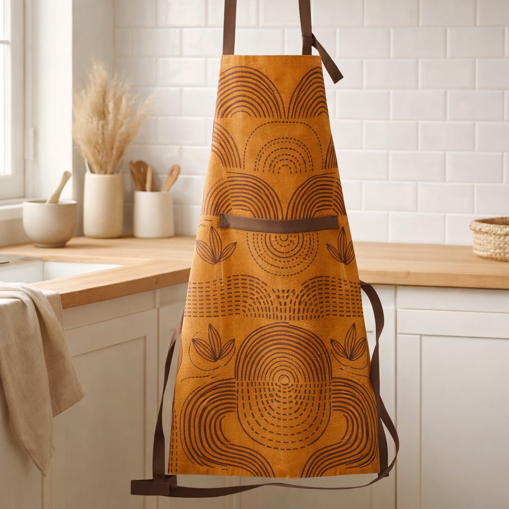 Tablier de cuisine recyclé Etna Ambre 72 x 85 en situation