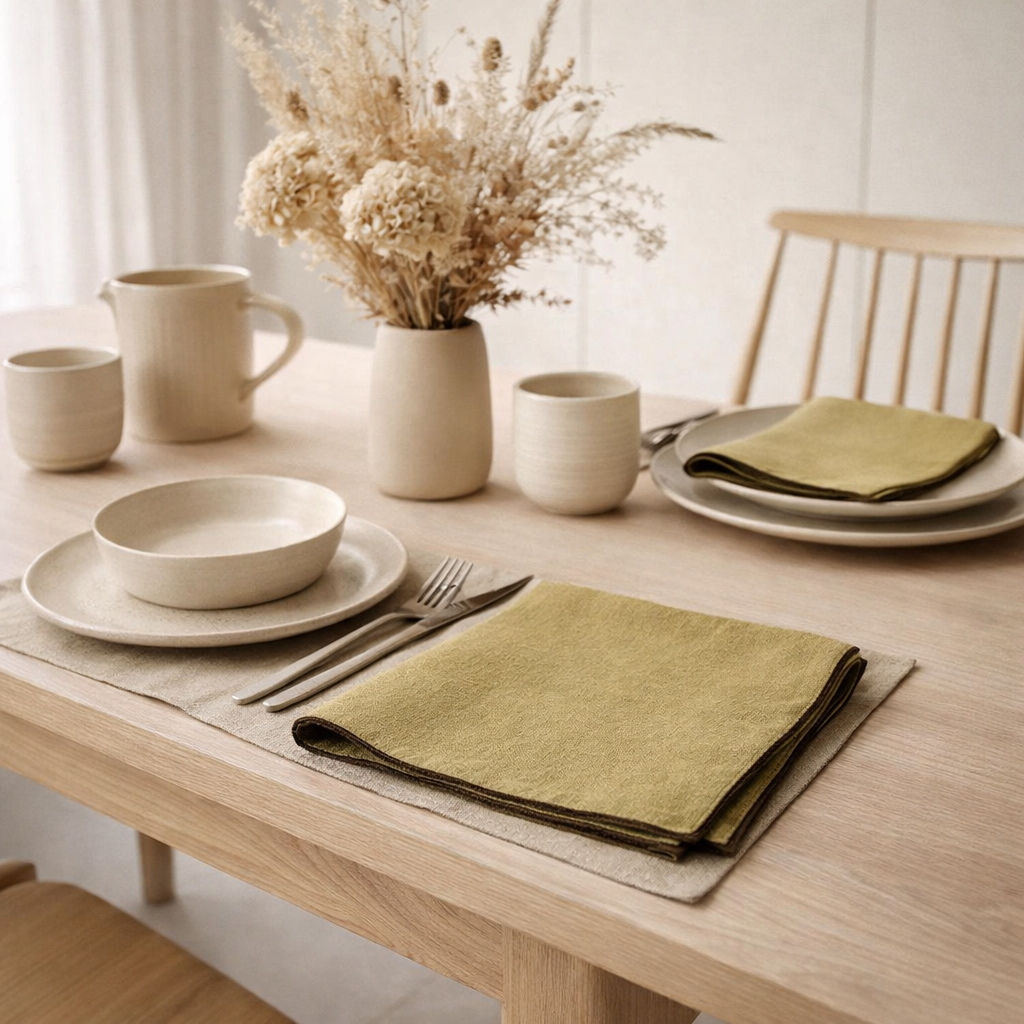 Serviette de table recyclée Grace Kaki 40 x 40 en situation