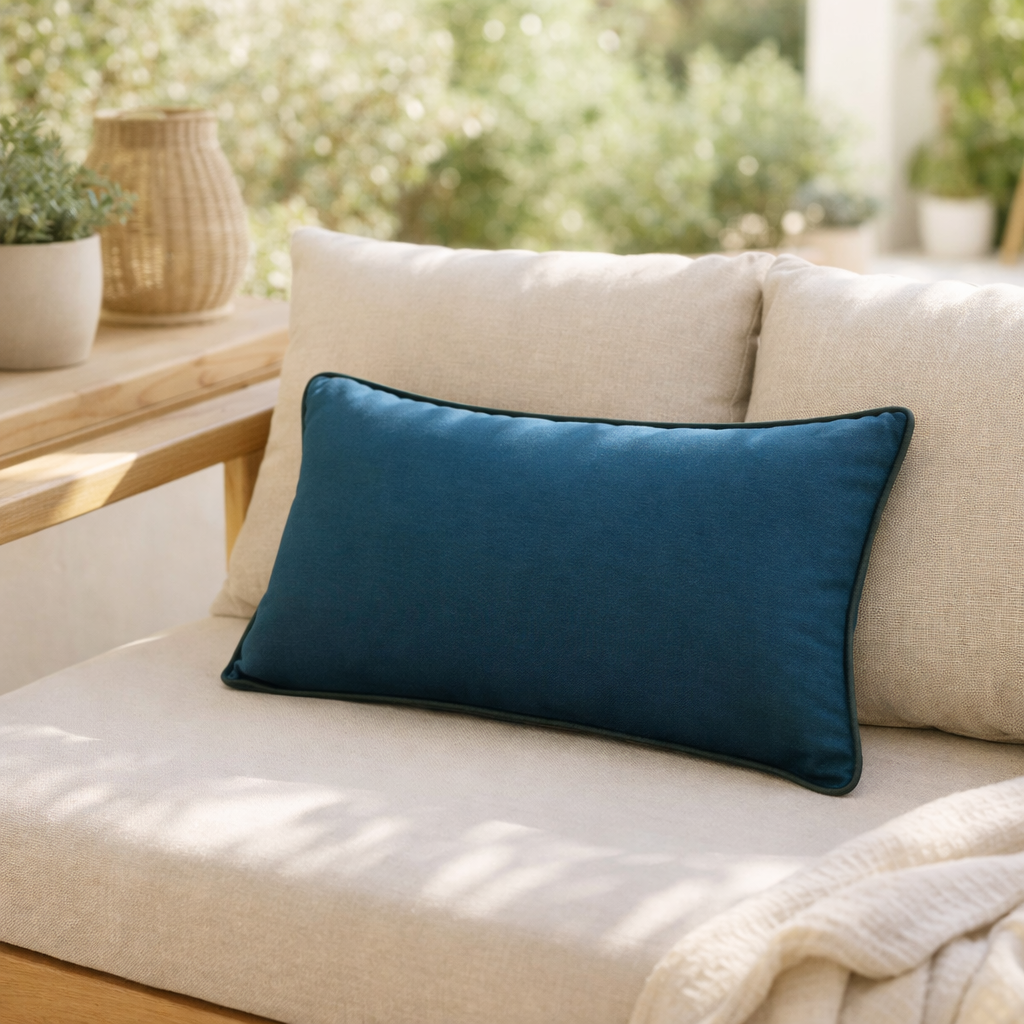 Coussin uni Alga extérieur Indigo 30 x 50 en situation