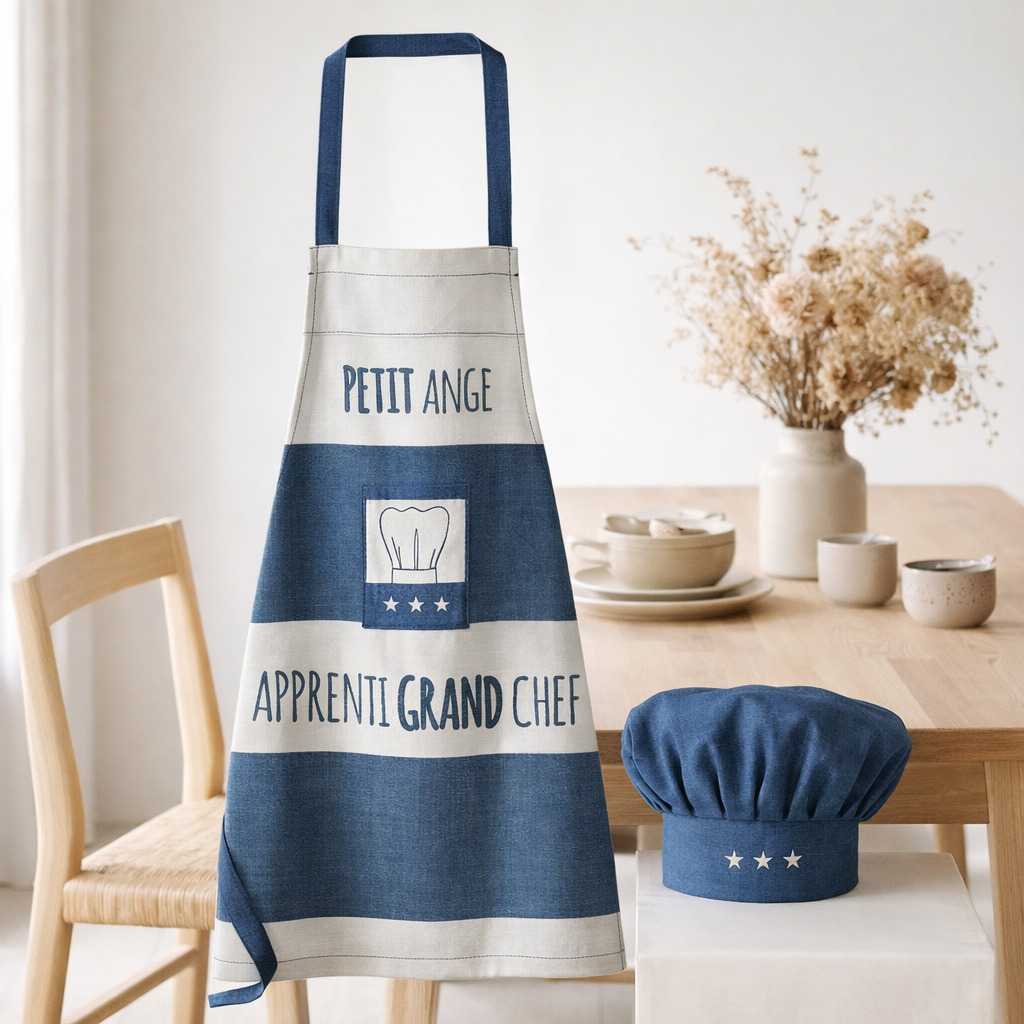 Lot composé Tablier de cuisine et Toque Petit ange Indigo 52 x 63 en situation