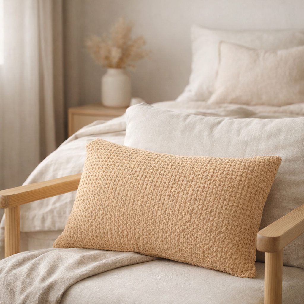 Coussin Stonewashed Maia Sable 30 x 50 en situation