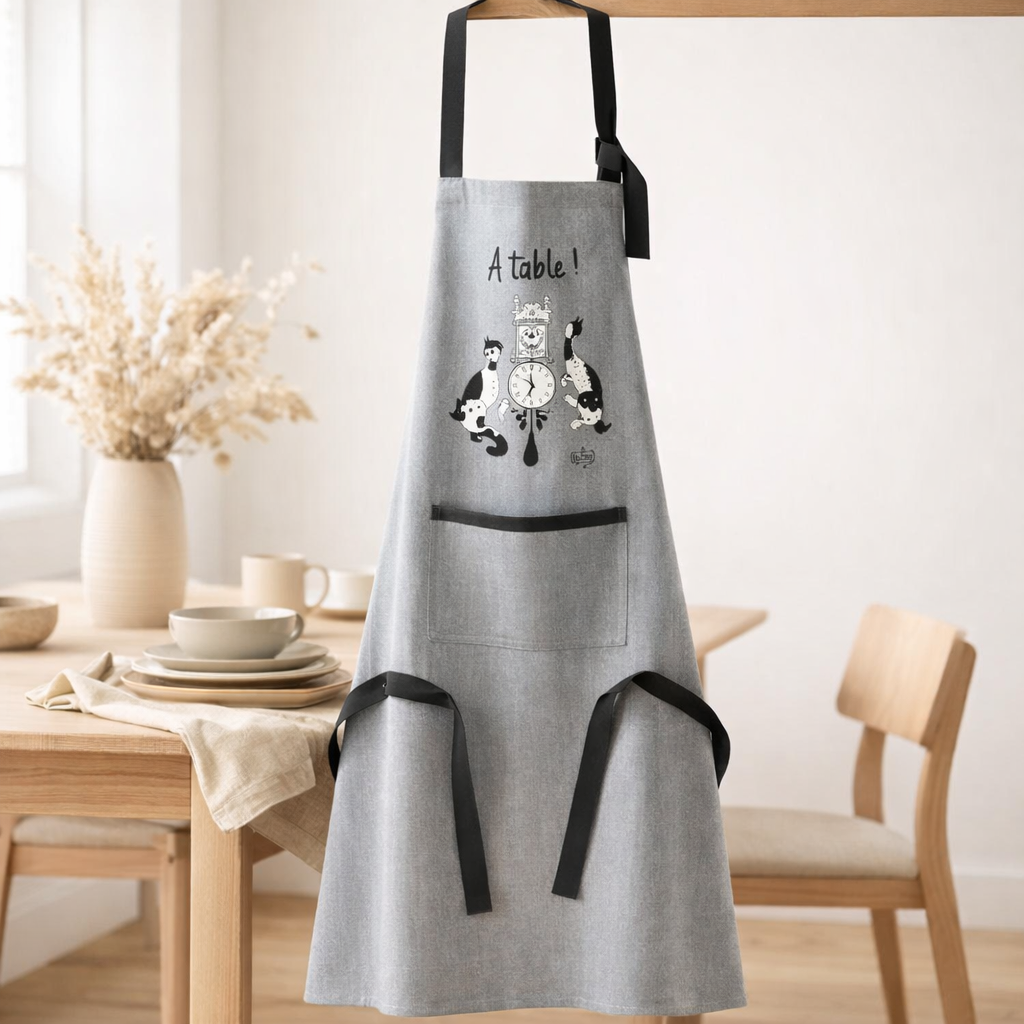 Tablier de cuisine Dubout chat horloge Gris 72 x 85 en situation