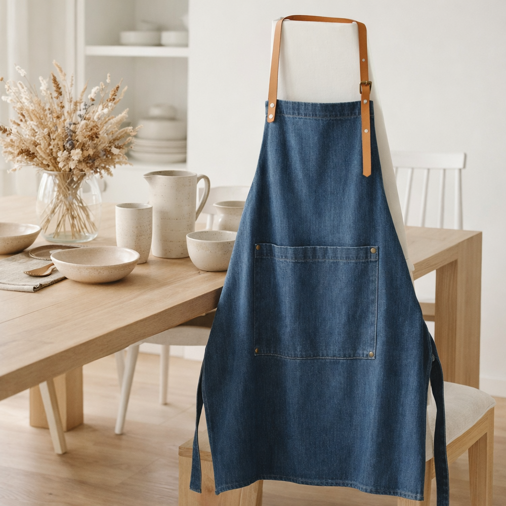 Tablier de cuisine Dinem Bleu denim 70 x 90 en situation