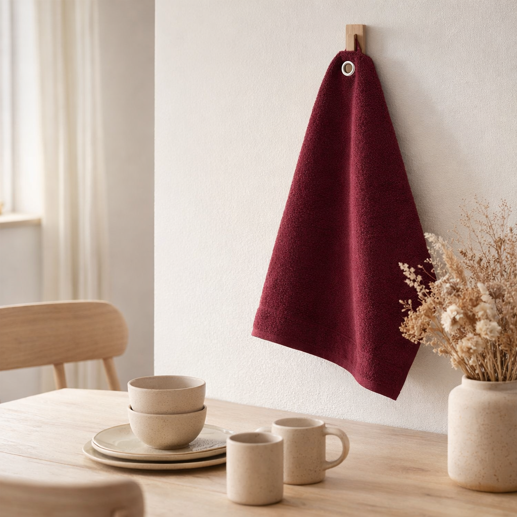 Essuie mains ?illet Curl Lie de vin 50 x 50 en situation