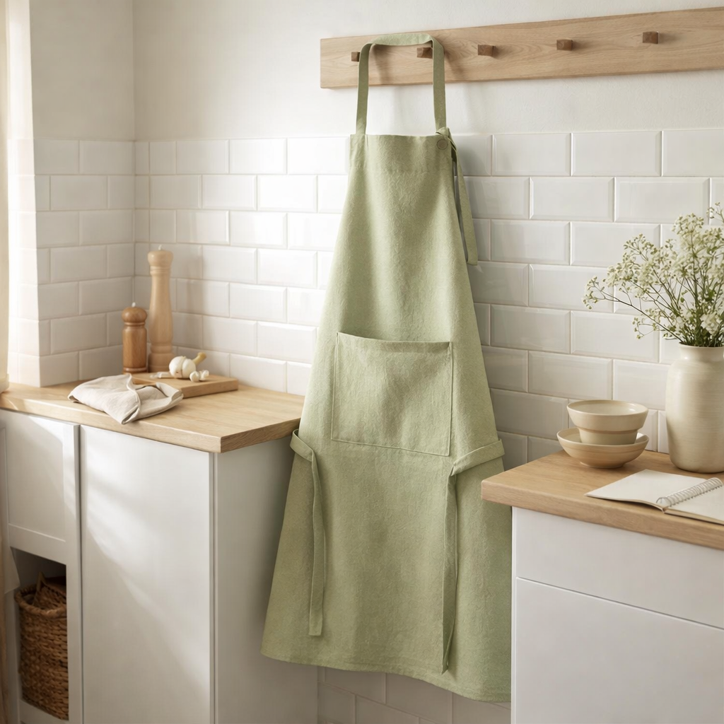 Tablier de cuisine recyclé Ada Amande 72 x 85 en situation