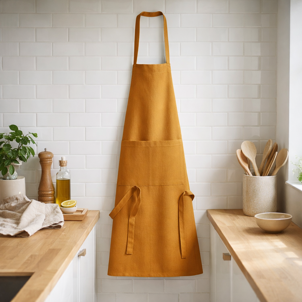 Tablier de cuisine recyclé Dario Ambre 72 x 85 en situation
