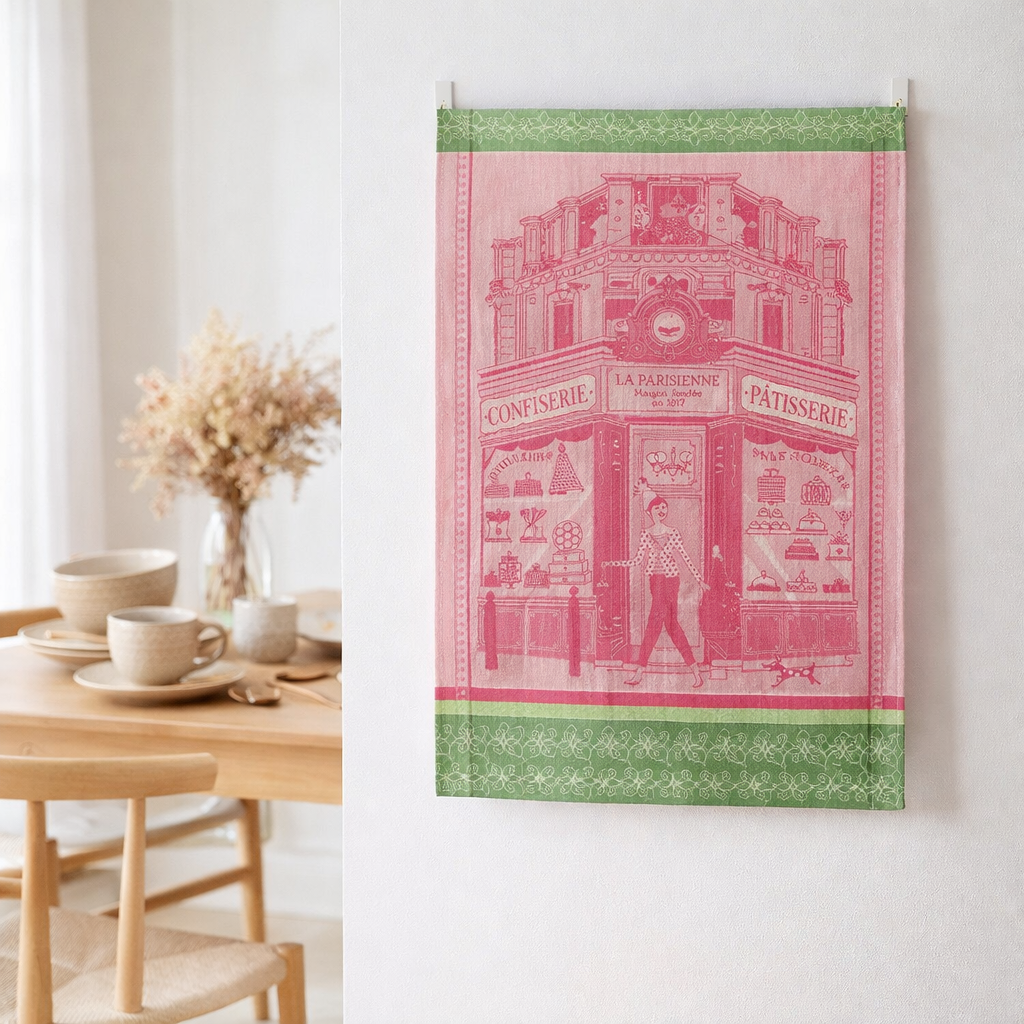 Torchon jacquard Pâtisserie Rose 50 x 70 en situation