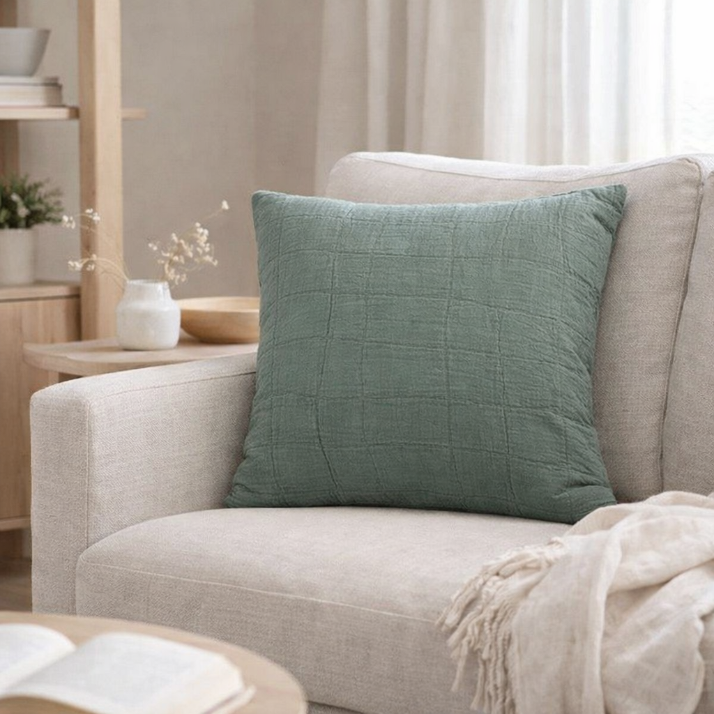 Coussin recyclé Titou Vert de gris 45 x 45 en situation