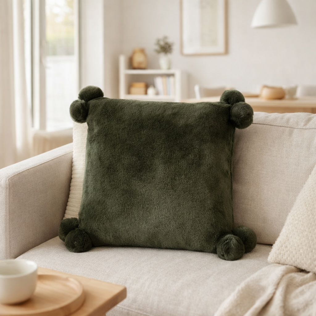 Coussin Tendre pompons Fougére 45 x 45 en situation