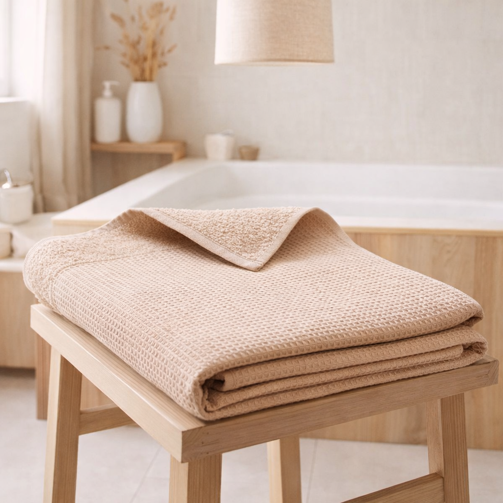 Drap de bain recyclé Abby Dragée 90 x 150 en situation