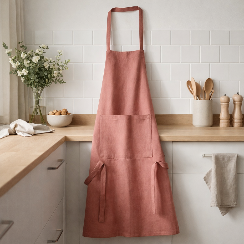 Tablier de cuisine recyclé Dario Bois de rose 85 x 72 en situation