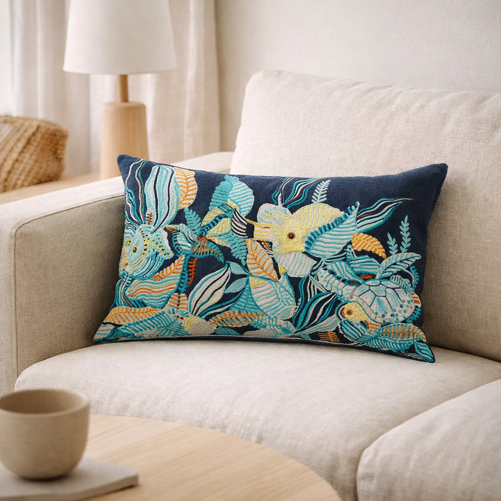 Coussin brodé Dori Marine 30 x 50 en situation