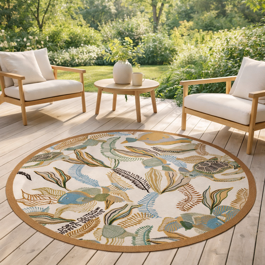 Tapis Dori outdoor Papaye Diamètre 160 cm en situation