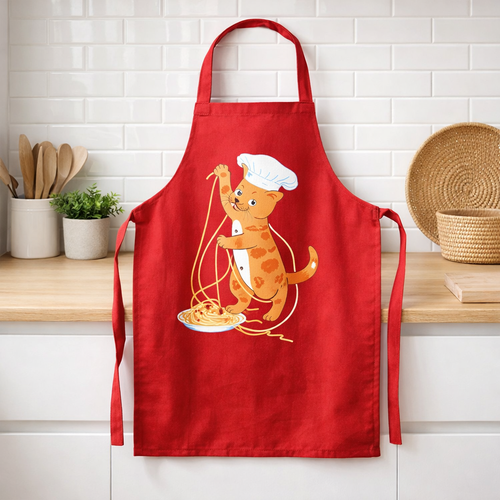 Tablier de cuisine enfant Chat en cuisine recyclé Rouge 52 x 63 en situation
