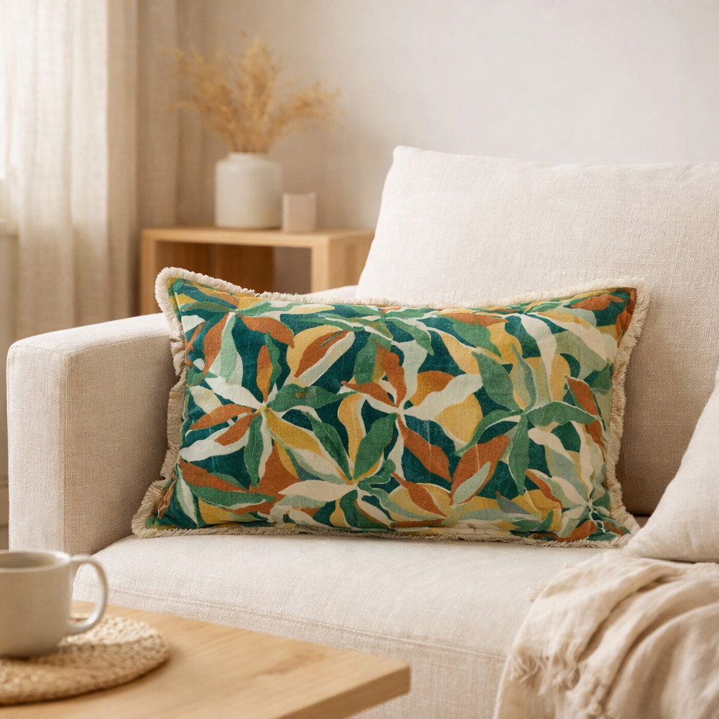 Coussin imprimé Alina Pétrole 40 x 65 en situation