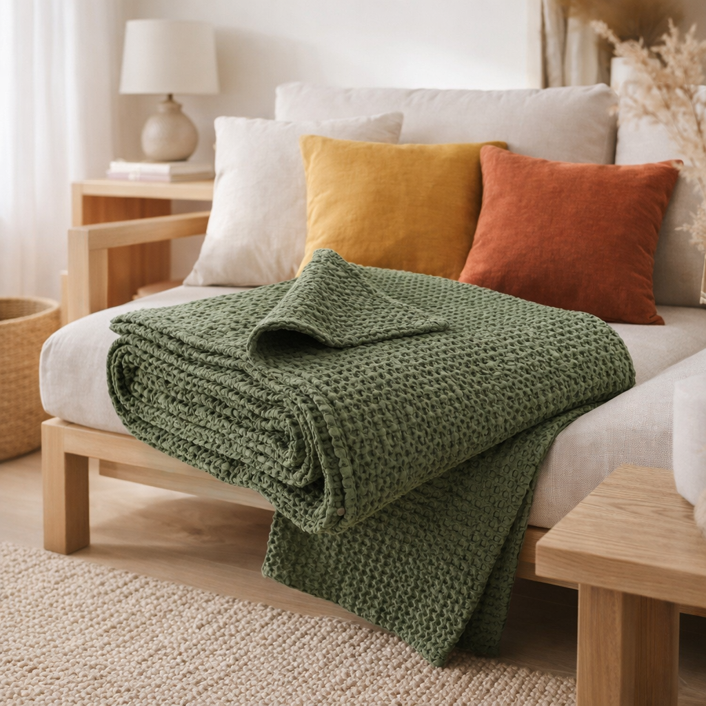 Plaid Tana Olive 140 x 200 en situation