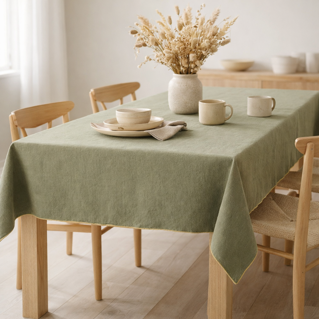 Nappe recyclée Grace Matcha 140 x 140 en situation