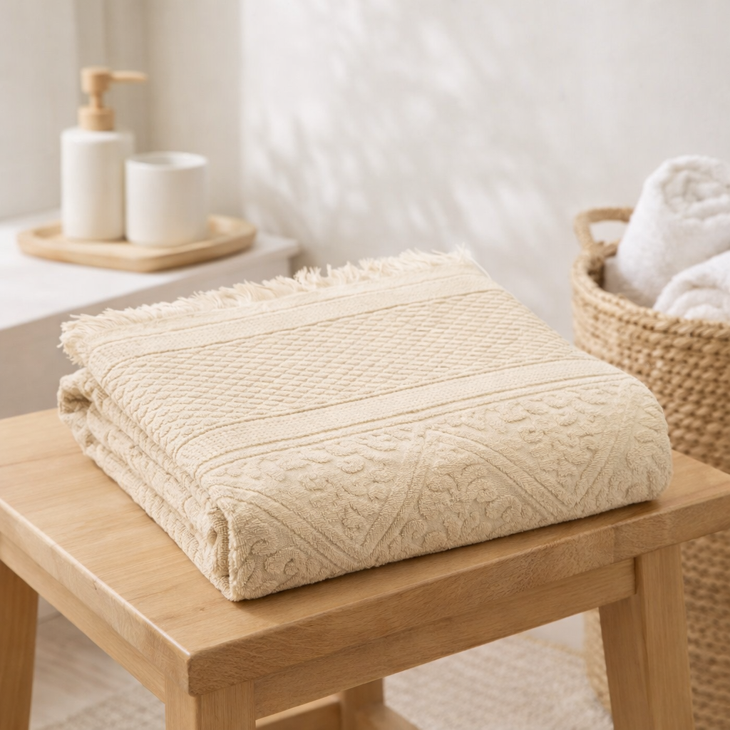 Drap de douche uni Zoe Vanille 70 x 140 en situation
