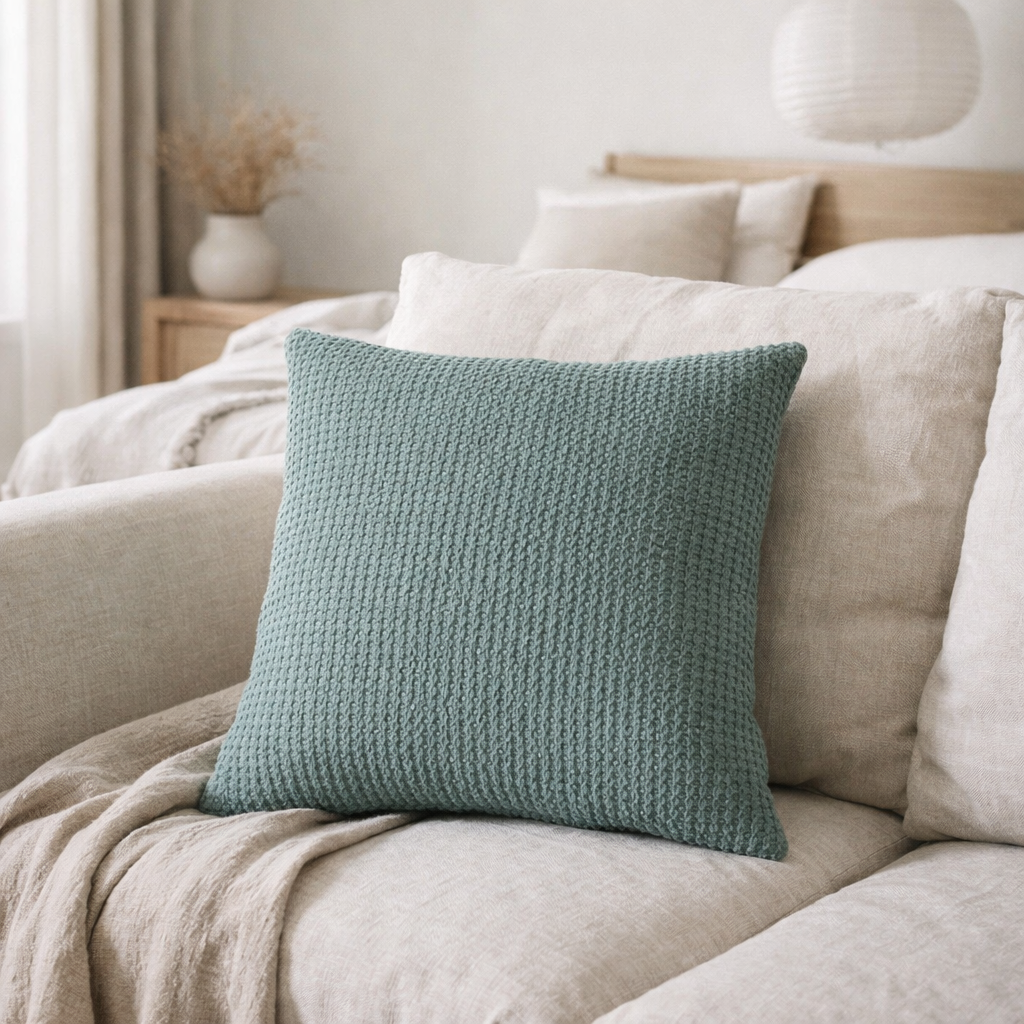 Coussin recyclé Maia Vert de gris 45 x 45 en situation