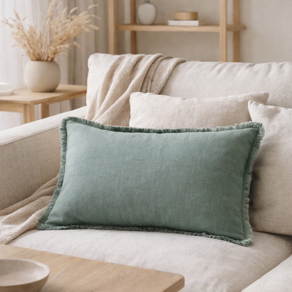 Coussin uni Laly Prusse 30 x 50 en situation