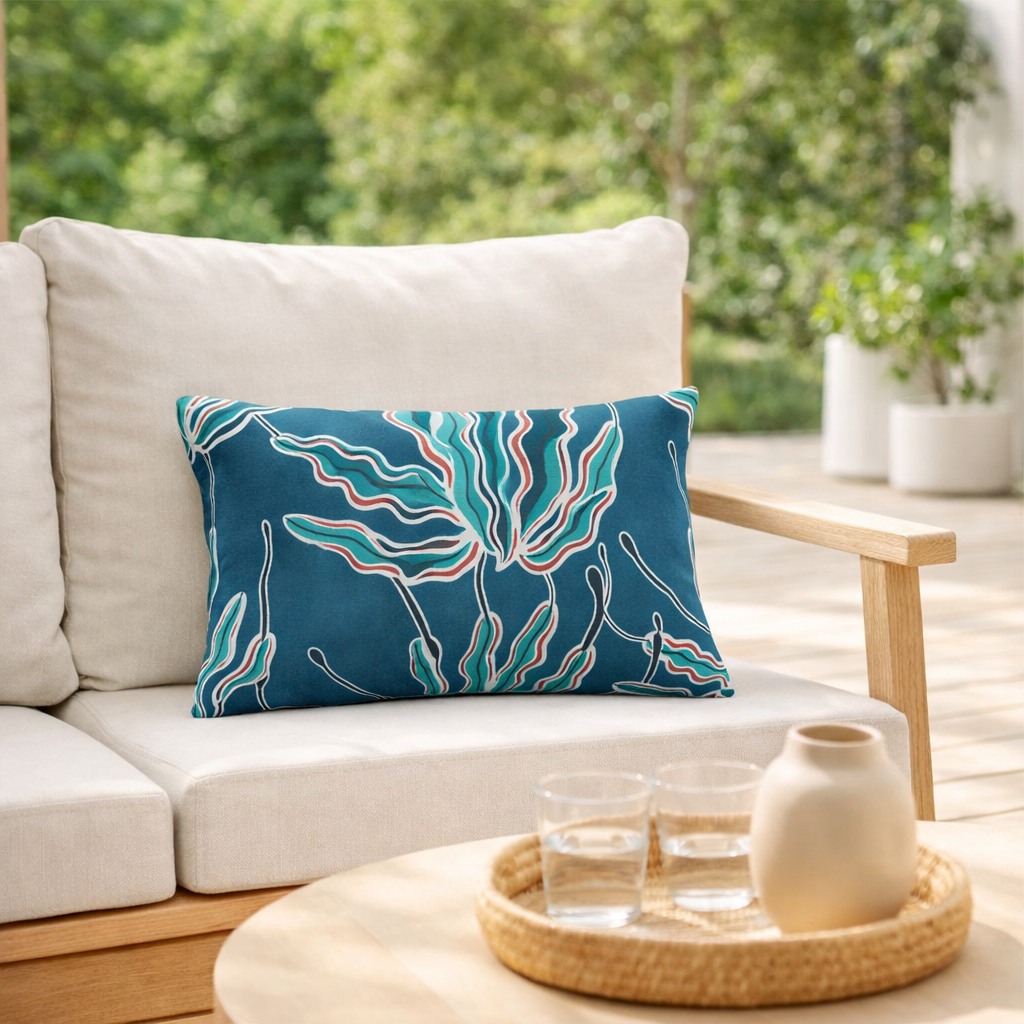 Coussin imprimé Alga outdoor Indigo 30 x 50 en situation
