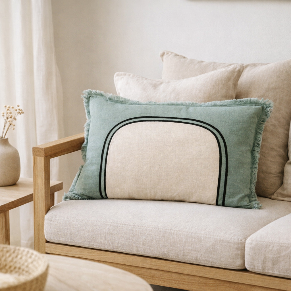Coussin bicolore Laly Prusse 40 x 65 en situation