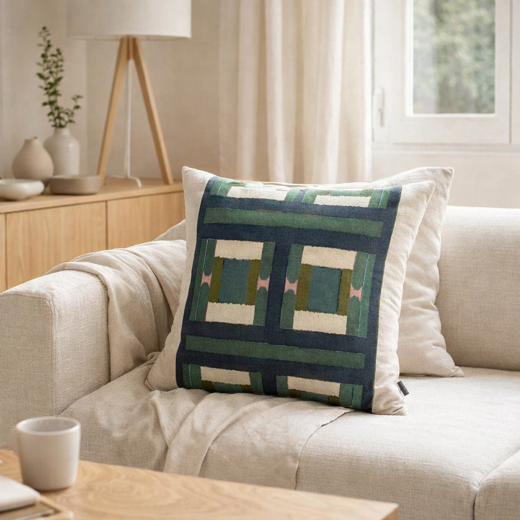 Coussin imprimé Taho Vert de gris 45 x 45 en situation